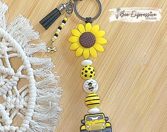 4x4 Bee Keychain: Sunflower, Wood Beads & Bumblebee Charm