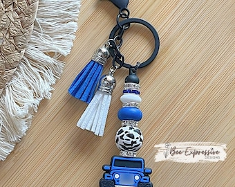 Handmade Blue 4x4 Keychain: Rhinestone & Lentil Beads