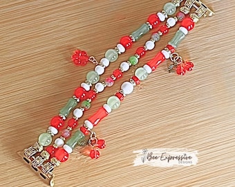 Handmade Cherry Beaded Apple Watch Bracelet with Charms