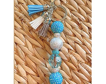 Handmade, acrylic turquoise keychain! 3 tassels, chunky beaded rhinestones.