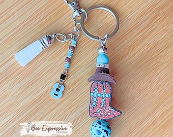 Western Boot & Hat Keychain: Beaded Tassel with Guitar Charm