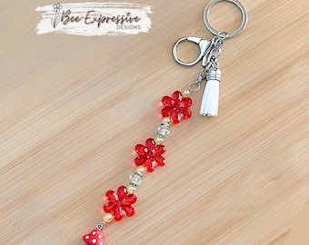 Handmade, floral beaded keychain!  Lobster or swivel clasp, and a mushroom charm