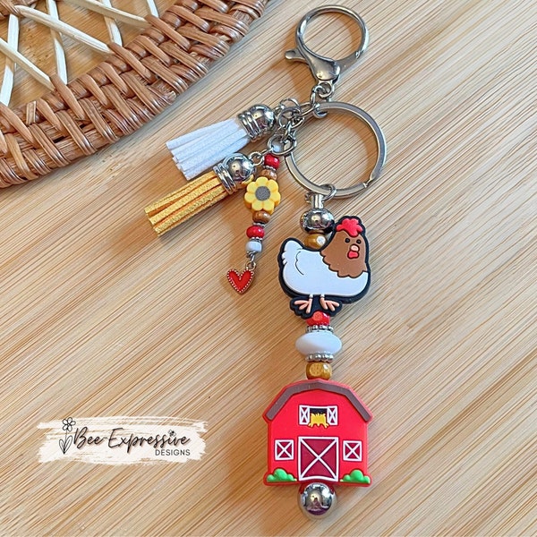 Handmade, vividly colored, farm barn chicken keychain! Be Lobster clasp, silicone barn rooster, beaded tassel with sunflower & heart charm