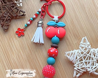 Cherry Beaded Keychain: Silicone Beads, Suede Tassel & Flower Charm