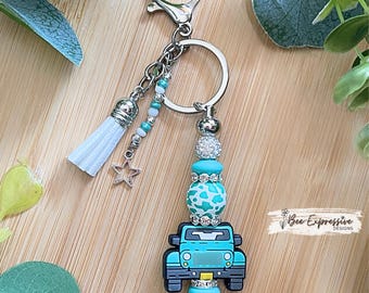 Beaded 4x4 Keychain: Animal Print Bead, Rhinestone Tassels