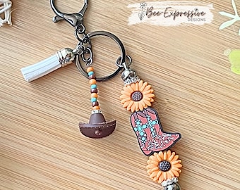 Handmade Beaded Keychain: Boot, Sunflower, Cowboy Hat Tassel