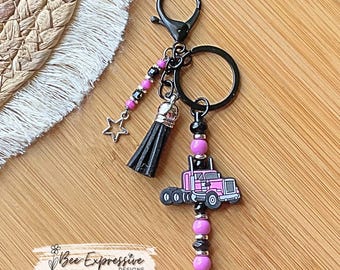 Handmade Semi Truck Keychain: Acrylic Beads, Beaded Tassel with a Star Charm