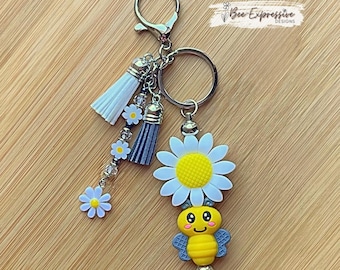 Handmade Bumblebee and Daisy Keychain: Beaded Tassel, Swivel Clasp