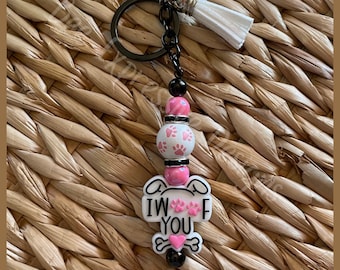 Handmade Dog Keychain: Black Alloy Clasp with Pink Acrylic Beads