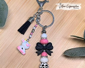 Handmade Cow Keychain: Beaded Tassel, Silicone Bow, Rhinestone Charm
