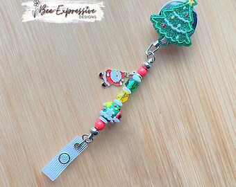 Retractable, Christmas Tree, metal badge reel!  Acrylic beads, Santa Clause charm