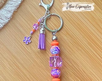 Handmade Beaded Keychain: Acrylic Hexagon, Purple Daisy Charm