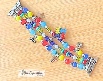 Handmade, Autism Watch Bracelet: 5 charms, for Apple Watches, Custom Sizes too