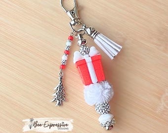 Handmade, 3D Present Bead, Keychain or Bag Accessory: Swivel Clasp, Christmas Tree Charm