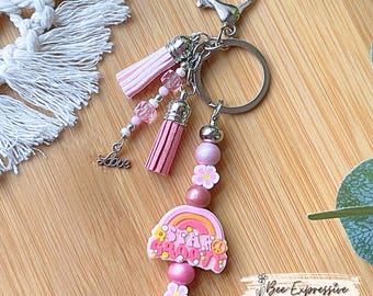 Handmade Stay Groovy Keychain: Flower Beads, Wood Beads, Suede Tassels & Love Charm