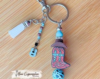 Western Boot & Hat Keychain: Beaded Tassel with Guitar Charm
