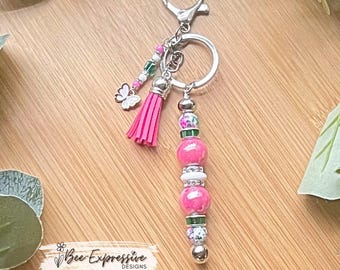 Iridescent Beaded Keychain: Handmade Tassel, Butterfly Charm