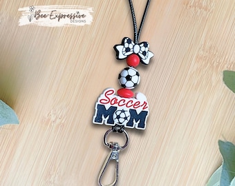 Handmade, Soccer Mom Lanyard: Silicone, Soccer Ball, Bow Breakaway Clasp