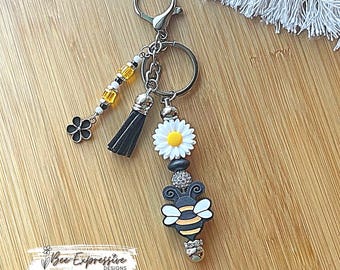 Handmade, Daisy Flower & Bumble Bee, Keychain or Accessory: Beaded Tassel with Black Flower Charm