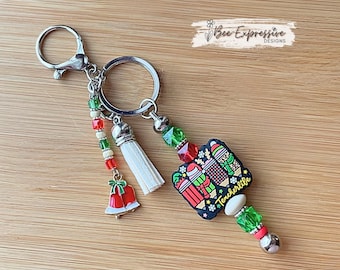 Handmade Teacher Christmas Keychain: Snowflake, Tree Charm & Beaded Tassel