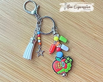 Bookworm Teacher Keychain: Acrylic Pencil Charms & Beaded Tassel
