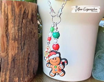 Handmade Gingerbread Man Tumbler Charm: Acrylic Beads, Candy Cane