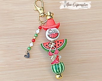Handmade Watermelon Summer Beaded Keychain: Cowgirl Hat, Bikini and Heart Charm