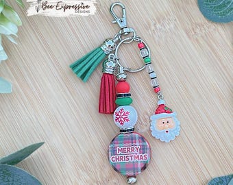 Handmade Merry Christmas Keychain: Acrylic Round Bead, Beaded Tassel with a Santa Claus Charm