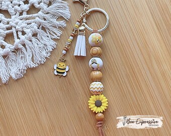 Handmade Bee Gnome Keychain: Sunflower Charm, Beaded Tassel