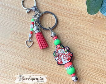 Christmas, SNOWMAN, keychain!  Lobster or swivel clasp, bead bar, silicone beads, rhinestone spacer, beaded tassel, heart charm!