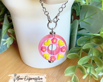 Acrylic Donut Tumbler Charm: Pink & Yellow, Lobster Clasp Chain