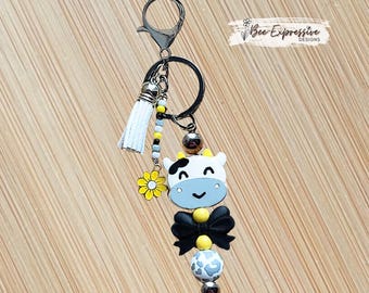 Handmade, Cow Keychain or Accessory: Black and Yellow, Bow, Daisy Charm, Silicone Beads