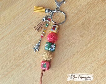 Handmade Beaded Snowman Keychain: Large Rhinestone Beads, Christmas Tree Charm, Suede Cord