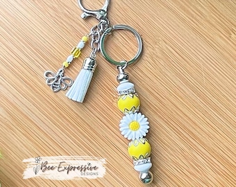 Handmade Daisy Flower Beaded Keychain with Bee Charm, customize clasp