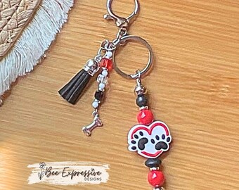 Handmade Dog Paw Print Heart Keychain: Beaded Tassel, Lobster Clasp