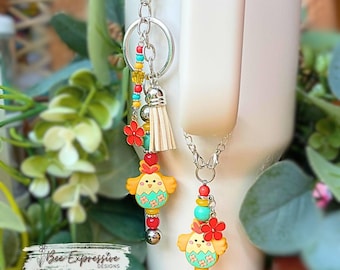 Handmade Chicken Keychain & Tumbler Charm Set: Beaded Tassel, Flower Charms