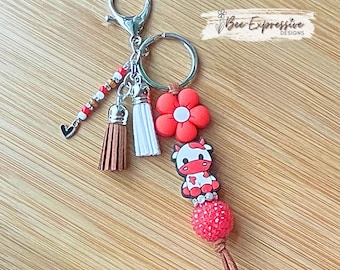 Handmade Red Cow Keychain: Beaded Tassel, Daisy Flower, Heart Charm