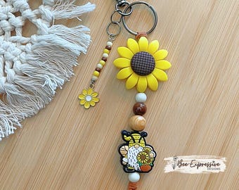 Handmade Sunflower Gnome Keychain: Beaded Tassel, Suede Cord