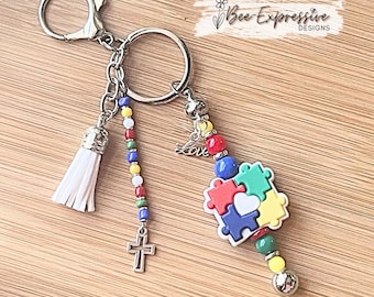 Autism Awareness Beaded Keychain: Puzzle Piece Charm, Acrylic Tassel
