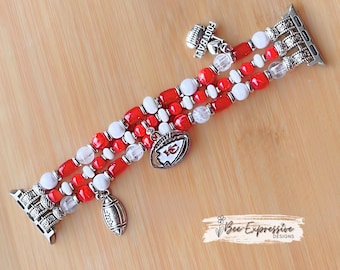 Handmade KC Chiefs Beaded Apple Watch Band: Football Charms