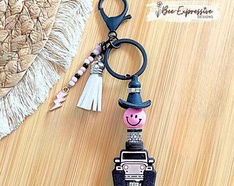 Cowboy 4x4 Keychain: Cowgirl Hat, Tire Bead, Lightning Charm