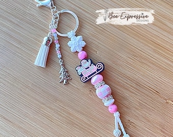 Handmade Pink Santa Sleigh Keychain: Beaded Christmas Charm