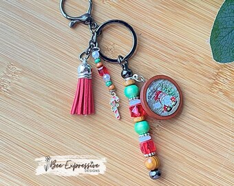 Santa Gnome Keychain: Beaded Tassel, Candy Cane Charm