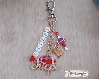 Custom Chiefs Football Beaded Charm Chain, Rhinestone Studded Bag Accessory (5" Long)