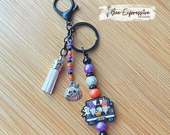 Handmade Halloween Gnome Keychain: Beaded Tassel & Pumpkin Charm