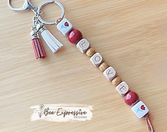 LOVE, square wood beads, keychain! Choose lobster or swivel clasp, suede cord