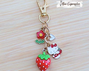 Handmade, Kitty Charm Chain: Red, Strawberry Charm, Heart, Flower