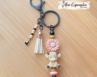 The 3D Cow Beaded Keychain: Beige Bull, Daisy Flower, Black Heart Charm