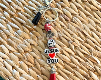 Handmade Jesus Loves You Keychain: Wood Cross Accent