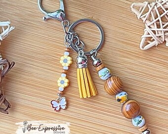 Handmade Sunflower Keychain: Wood & Glass Beads, Butterfly Charm